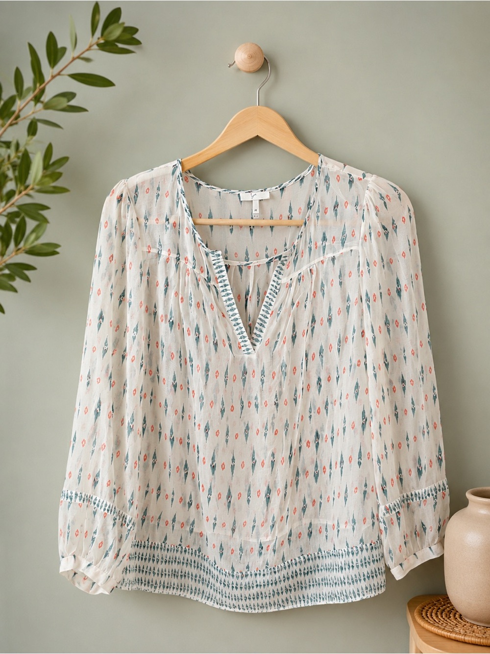 Joie Cream Boho Printed Peasant Tunic with Blue & Coral Accents